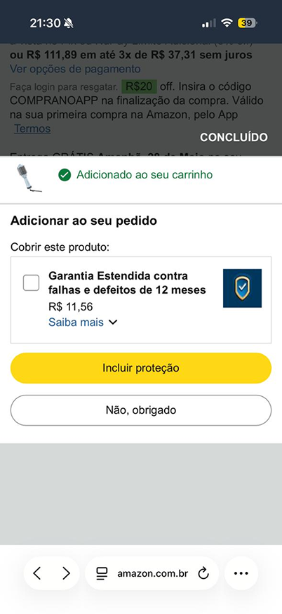Flujo actual de Amazon: pantalla de agregado al carrito antes del rediseño