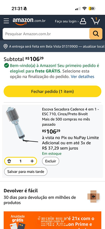 Flujo actual de Amazon: pantalla de carrito mobile antes del rediseño