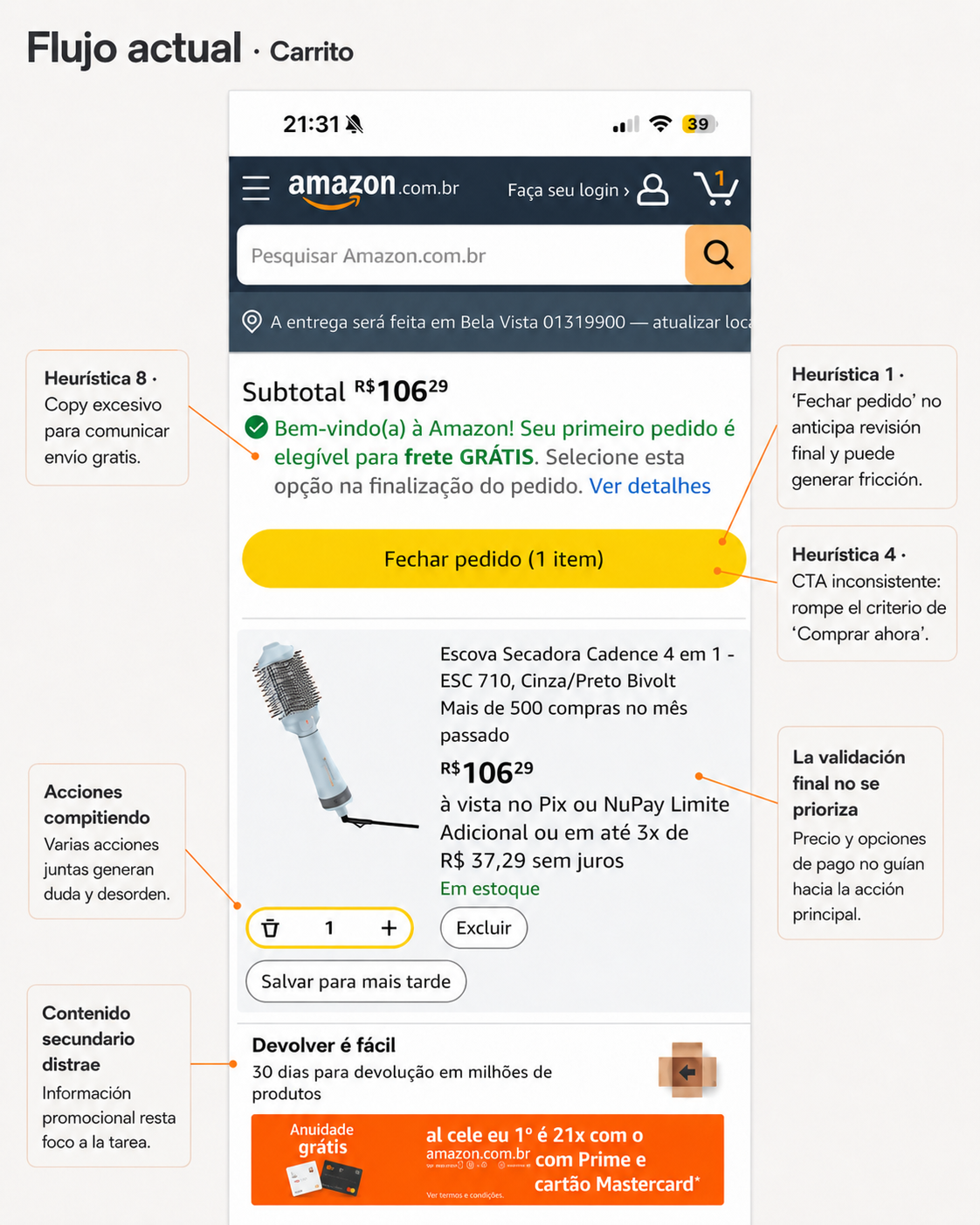 Flujo actual de Amazon: pantalla de carrito mobile antes del rediseño