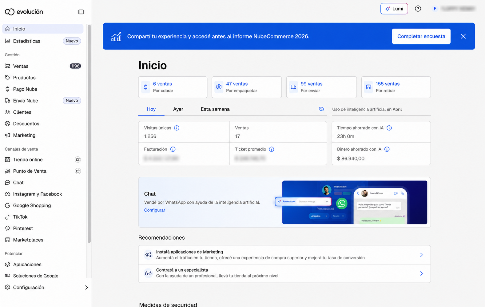 Recreación de un banner in-app en el panel administrador de Tiendanube con CTA para responder la encuesta NubeCommerce