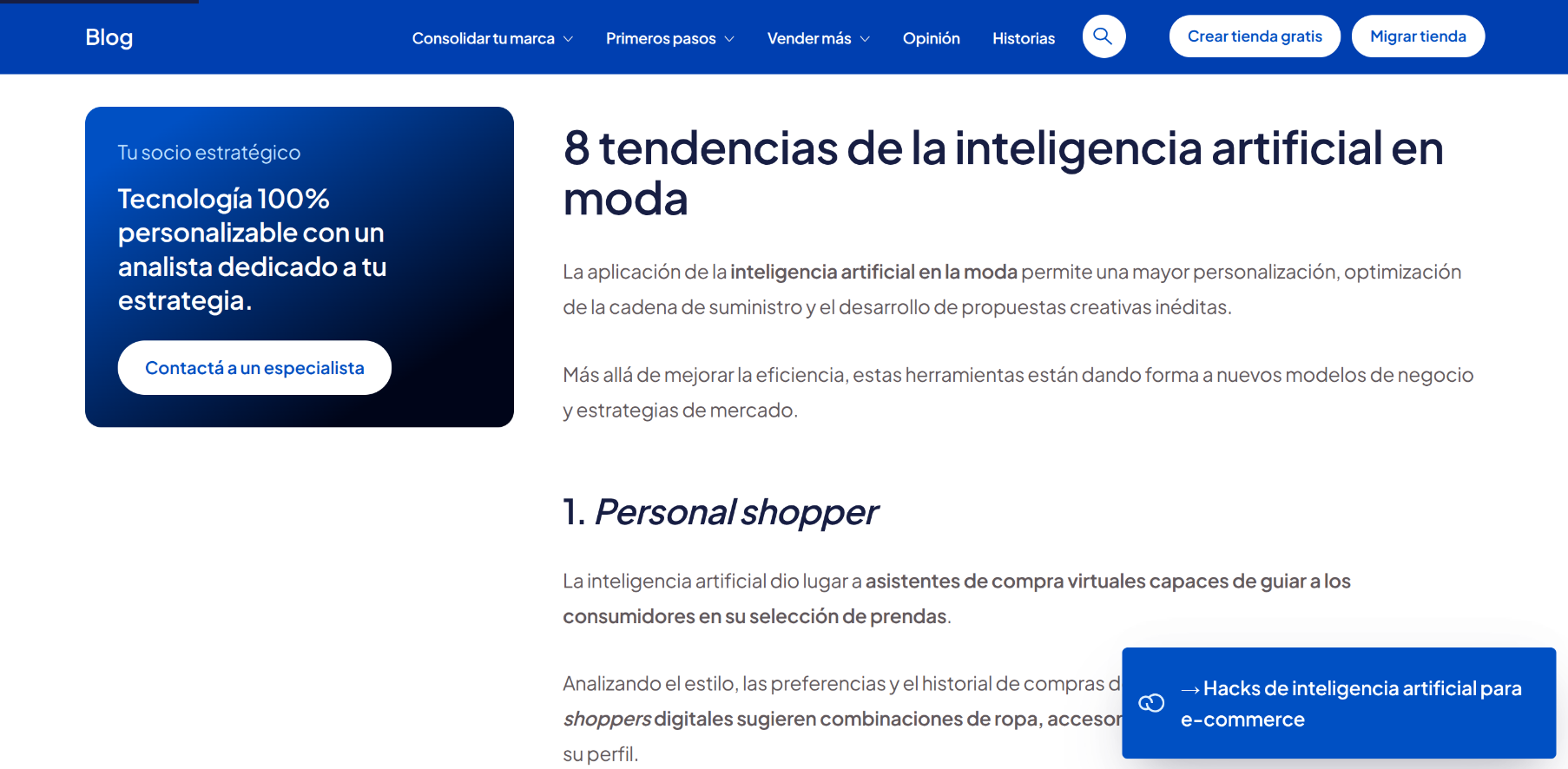Header desktop del blog de Tiendanube con los botones Crear tienda gratis y Migrar tienda