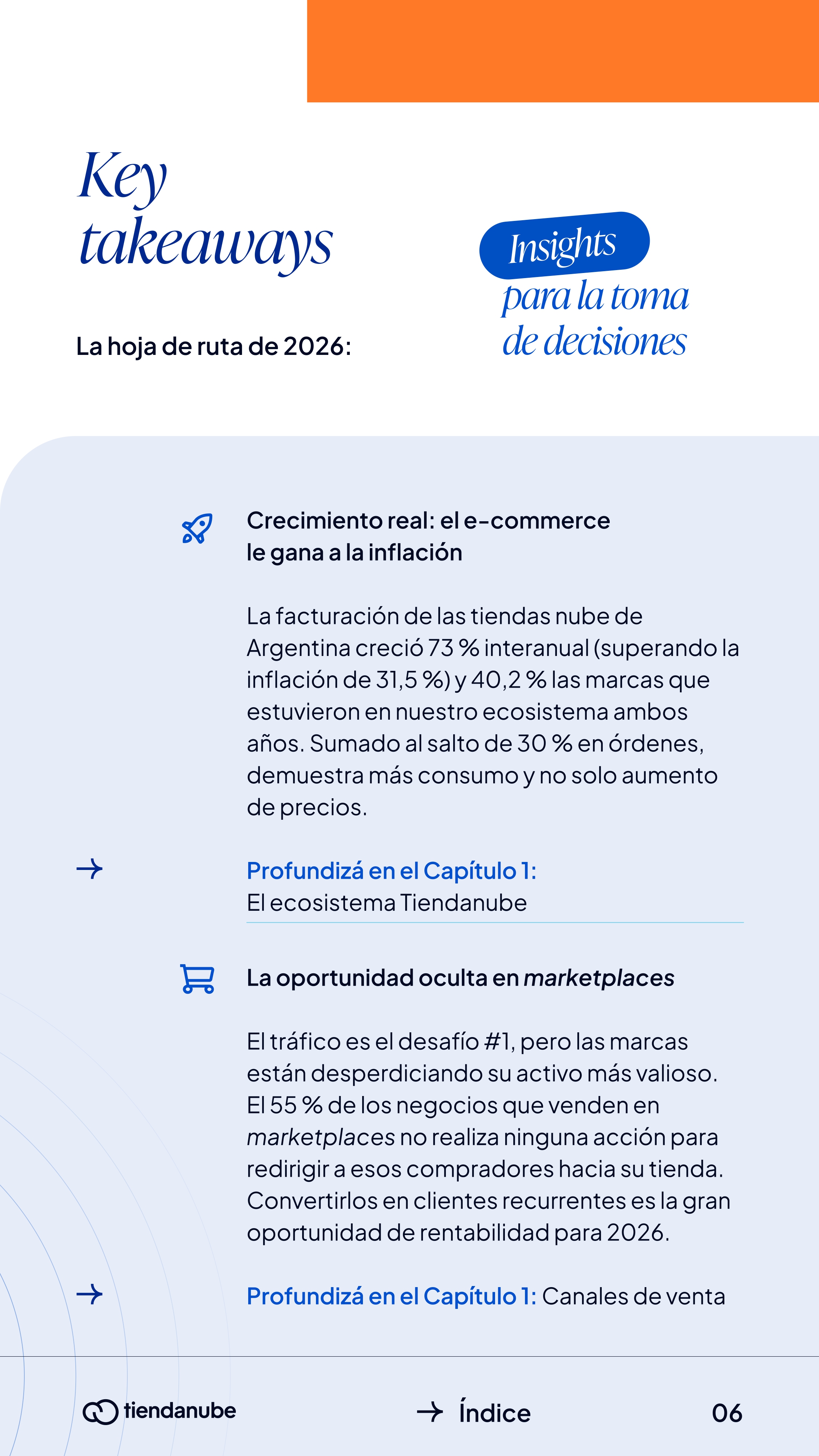 Página de key takeaways del informe NubeCommerce sobre crecimiento real y marketplaces