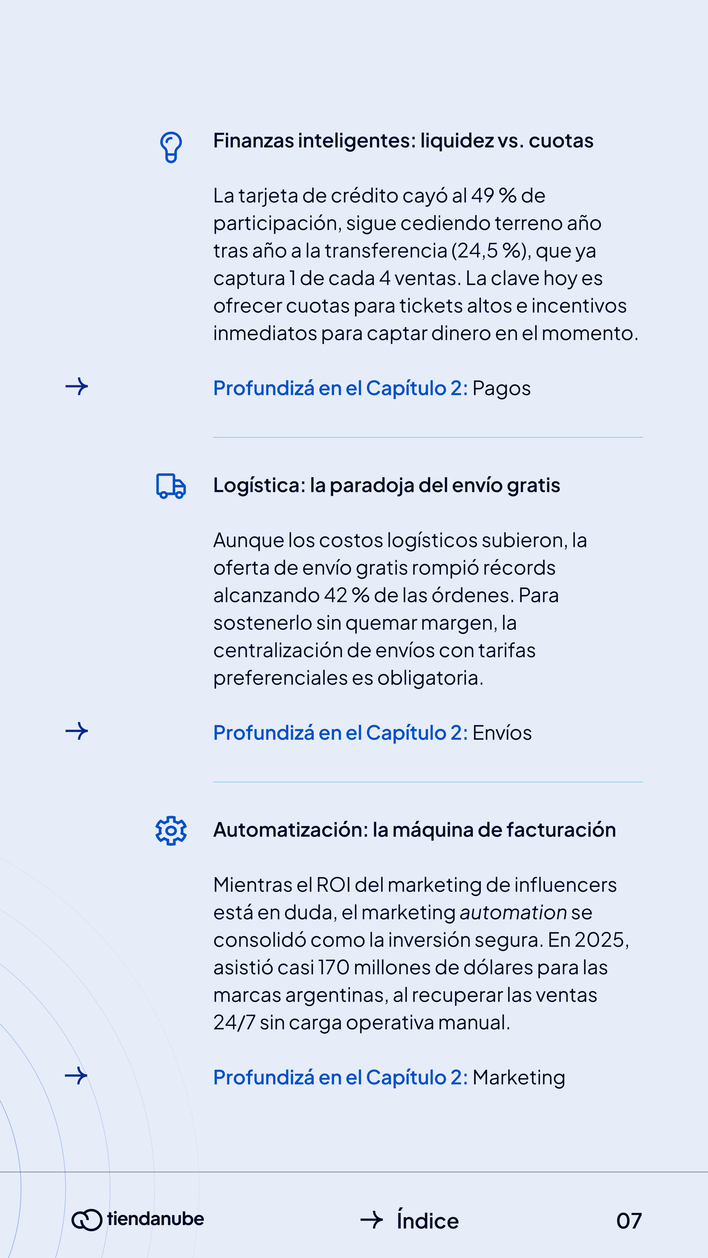Página de key takeaways del informe NubeCommerce sobre pagos, envíos y automatización