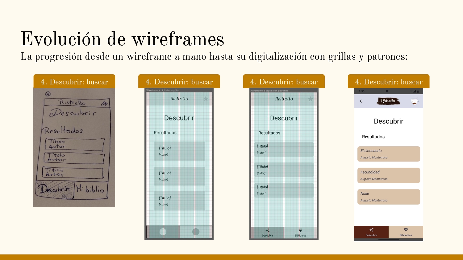 Evolución del wireframe de búsqueda en Ristretto desde boceto hasta interfaz final
